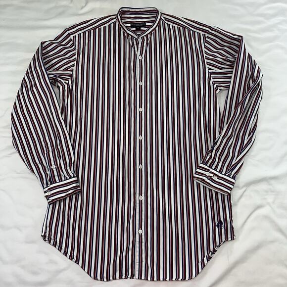 J Peterman Shirt Men's Size S Blue Red White Striped No Collar Button Down LS - Picture 1 of 12